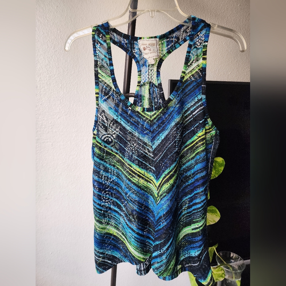 Pink Rose Blue and Green Patterned Tank Top